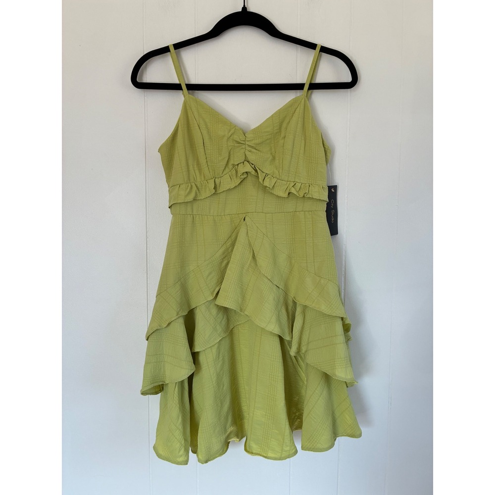 NWT City Studio Chartreuse Green Tiered Ruffle Mini Dress Plaid Size‎ 5